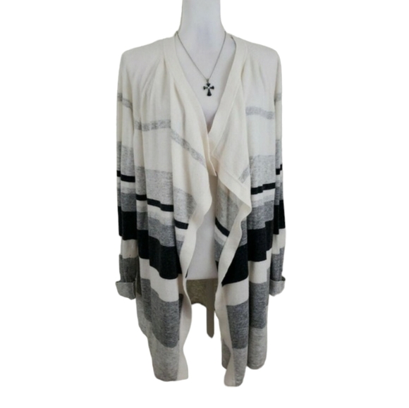 LOFT ~Woman Size L~ White/Gray Striped Waterfall Open Front Cardigan Wool Blend. - Picture 6 of 11
